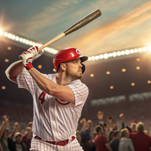 Adam Duvall, baseball player, batting stance. White jersey with red stripes. Crowd cheering in background.