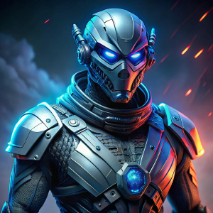 Create a hyper-realistic, cyborg ninja with glowing blue eyes and retractable claws.