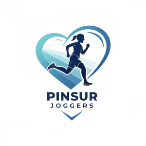 PINSUR JOGGERS logo design featuring a sleek, modern runner embedded within a heart shape, symbolizing health and vitality. The logo's blue hues evoke trust and reliability. Below the heart, the company name 'PINSUR JOGGERS' is elegantly displayed.