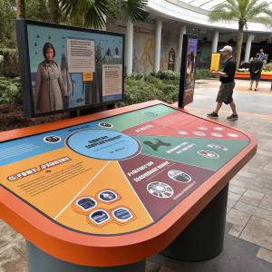 Star Wars theme park exhibit. Interactive table displaying key elements like characters, locations, and storylines. Vibrant colors signify different themes. Designed for education and reference, making complex lore accessible and engaging.