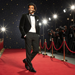 Promotional shot of Ranveer Singh in a tuxedo. Red carpet event.