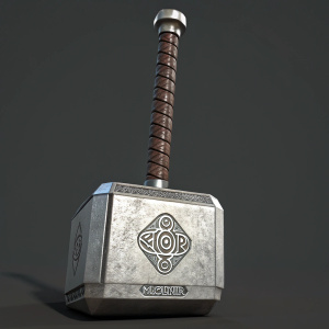 A 3D render of Thor's hammer Mjolnir. Silver hammer with aged dark handle. Intricate runic engravings on the surface. Iconic Marvel symbol.