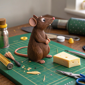 A brown rat figurine from Ratatouille, placed on a green crafting table surrounded by various tools.
