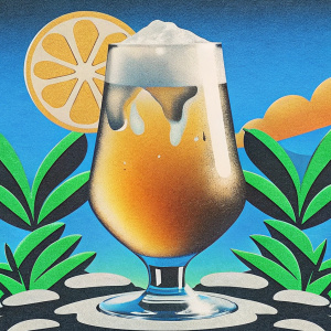 A beer drink in a glass with ice, with an orange slice garnish, on a yellow and orange background. 