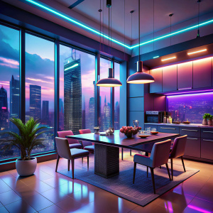 cyberpunk kitchen and dining room with skyscrapers outside the window with more neon