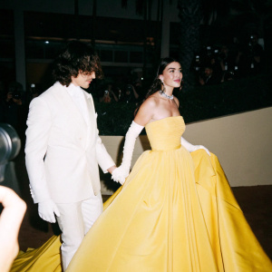 Brenton Thwaites and Chloe Pacey at a glamorous event. They both wear elegant attire. Large crowd and flashing cameras in the background.
