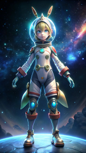 High resolution, high definition, Makoto Shinkai style, 2D cell animation, background space, one of Alice in Wonderland, space suit with Alice in Wonderland inspired design, ((space suit like power suit covering whole body, ((space suit with fantasy design and scientific design))), (large space suit with buzzing to arms and legs)), facing front, standing, arms and legs open.