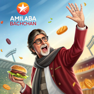 Amitabh Bachchan, the legendary indian actor, waving at the camera with a playful burger in hand. Vibrant colors, dynamic advertisement style with various brand logos