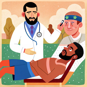 create an album cover of a jewish doctor performing liposuction on rapper drake, drake is getting his abs sculpted, outdoor liposuction operation, miami, drake is wearing a black nike headband, dr miami is wearing a doctors smock, laying on a lawn chair