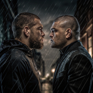 Conor McGregor and Cain Velasquez, both in boxing stance, facing each other. Dark, moody backdrop with blurred city lights. Promotional poster for UFC event.