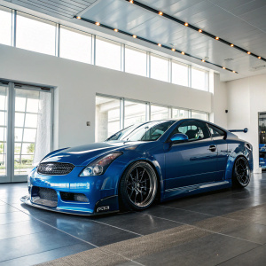 A high-resolution image showcasing a custom blue Infiniti G35 with racing modifications, parked in a sleek modern showroom. Natural light highlights its polished exterior and sporty design.