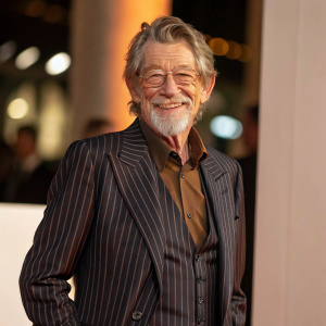 John Hurt, with a warm and welcoming smile, stands out in a pinstriped suit and brown shirt. In a blurred, softly lit background, his face and upper body are sharply focused, accentuating his full, well-groomed appearance and his friendly demeanor.