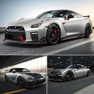 A detailed collage showcasing the sleek Nissan GTR Nismo from various angles. Performance features highlighted. The Nissan logo prominently displayed.