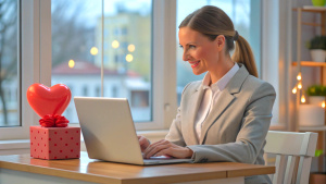 Widely smiling businesswoman working on laptop sitting in a cafe