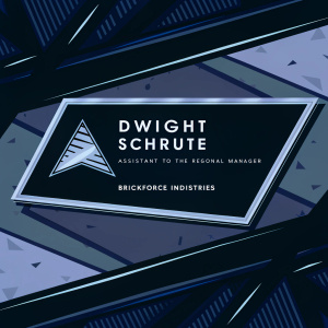 Business card design for Dwight Schrute, Assistant to the Regional Manager at BrickForce Industries. Modern, sleek layout featuring bold text and geometric shapes. Website url prominently displayed.