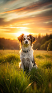 cute dog gress with sunrise background