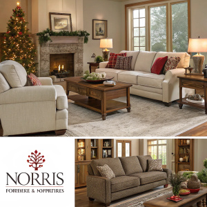 Norris Furniture & Interiors ad showcasing various living rooms. Comfortable sofas, coffee tables, and home accents. Perfect for holiday home inspiration. Picture style