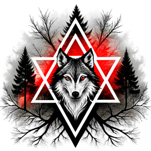 valknut runes pattern geometric symbols - wolf and trees - tattoo design - perfect realistic art - high-definition - grey and black - white background 