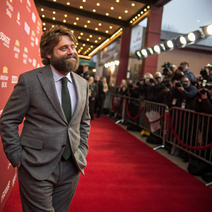 Zach Galifianakis, in a gray suit and tie, with a beard, poses on the red carpet at the Sundance Film Festival. Crowds and cameras in background.