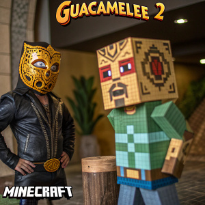 In a unique digital art piece, characters from Guacamelee 2 and Minecraft coexist. The Guacamelee 2 hero wears a golden mask with detailed engravings, while the Minecraft character has a rugged face and an open mouth. The Minecraft logo is prominently displayed at the bottom.
