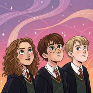 Digital art featuring Hermione Granger, Neville Longbottom, and Draco Malfoy. They are depicted in a whimsical style with exaggerated facial expressions. Background is a gradient of pink and purple hues with swirling patterns.