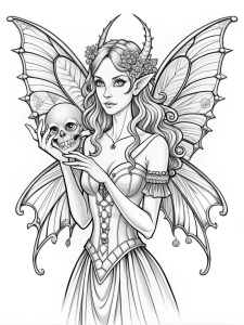 Coloring page for adults,Gothic fairy with tattered wings, holding a small skull in one hand,white background, black line art