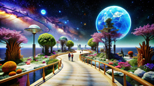 A space promenade with a walking area on a fantastic planet with a ...