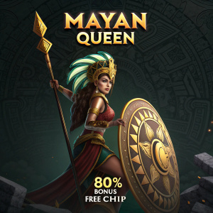 Digital artwork for video game 'Mayan Queen'. Stylized female warrior, golden emblem. 80% bonus and free chip offer. Dark background with intricate Mayan motifs.
