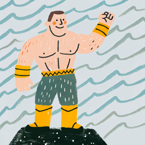John Cena in a publicity poster. Blue wave background. Dynamic and confident pose.