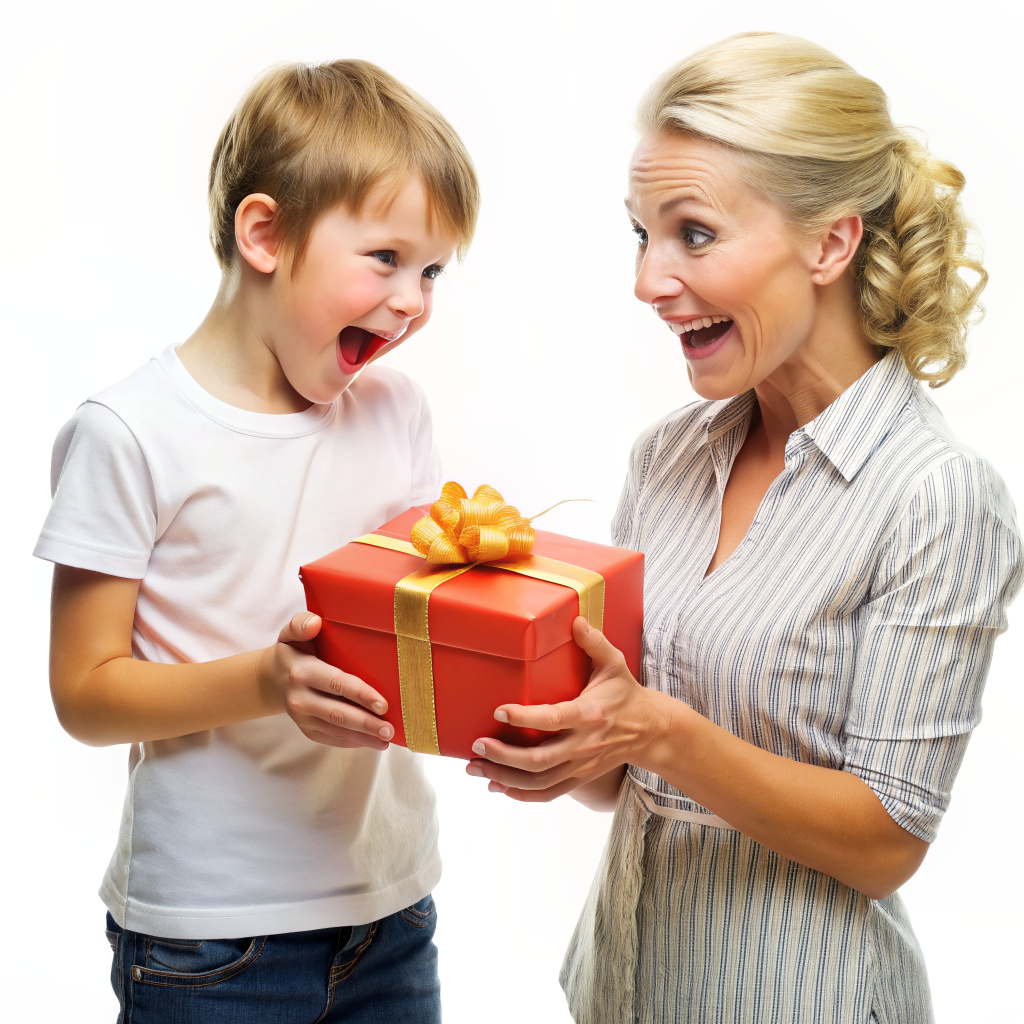 Cheerful kid giving present to amazed mother isolated on white background
