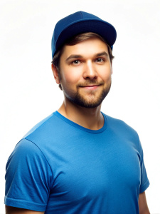 trendy guy on a white background in a blue T-shirt and cap