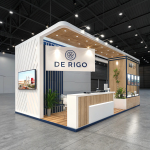 De Rigo's trade show booth. Sleek, modern design. White, blue, natural wood. Brand logo prominently displayed.