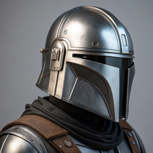 Close-up of Mandalorian helmet. Detailed armor design. Neutral gray background. Focus on intricate metallic finish and silver accents.