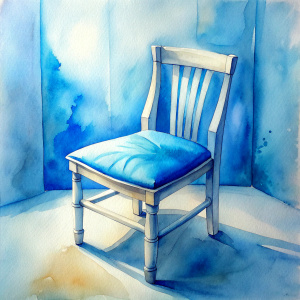 white wooden chair with blue cushion