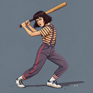Young Mia Wallace Quinn, digital illustration, striking comic art style. Batting stance with baseball bat, gray background.