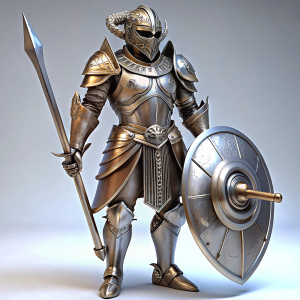 3D Render of a metallic Fantasy Knight with Sword and Shield, on isolated white background