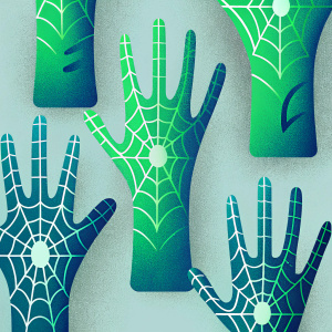 Digital artwork showcasing various poses of Spider-Man's hands. Hands illustrated with intricate web-like patterns. Neutral grey background highlights the detailed design of the hands