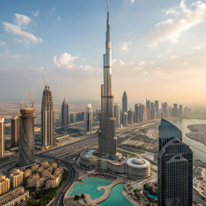 Aerial view of the Burj Khalifa. Standing tall among other buildings in Dubai's skyline.