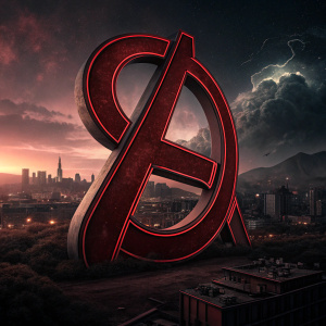 Promotional image for Avengers: Endgame. A stylized infinity symbol in red, set against a dark background. The symbol is large and central, in a bold sans-serif font.