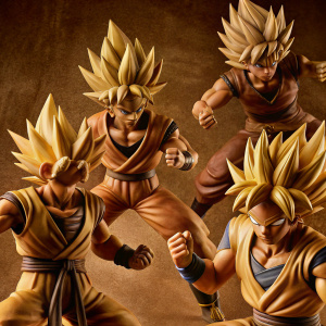 Four iconic Dragon Ball Z warriors illustrated in dynamic fighting poses. Goku in various hairstyles and outfits. Dark, neutral grey backdrop.