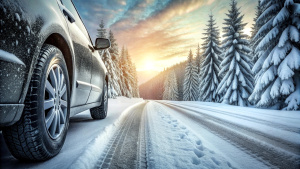 Car on snow road. Closeup of winter tires on snowy highway road