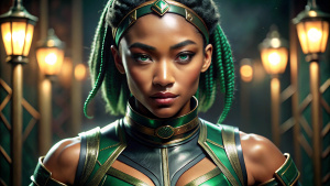 Tati Gabrielle as Jade in Mortal Kombat movie, Tati Gabrielle as Jade, black hair, Jade, realistic