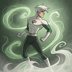 Digital illustration of a Danny Phantom inspired character. Fan art style. Shirtless hero, green and white theme, ghostly tendrils swirling around, abstract green background