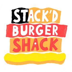 Logo design for the Stack'd Burger Shack, showcasing two iterations. Bold, blocky text in contrasting colors of black, white, and orange.