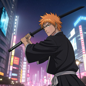 Ichigo Kurosaki, with vibrant orange hair and stern expression, wielding a sleek black sword. Set against a vivid neon cityscape at night.