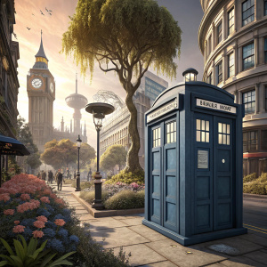Lively 3D artwork depicting Doctor Who's TARDIS on a London city sidewalk. Alien landscape background