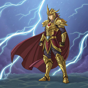 Digital illustration of Sacred Emperor Sirius from Brave Frontier. Wearing gold and maroon armor. Blue and purple lightning effects in background.