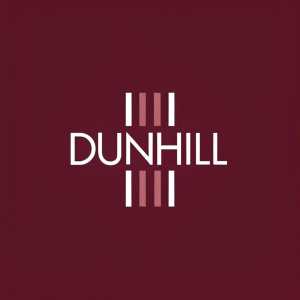 Sophisticated logo design for Dunhill featuring bold, sleek vertical bars in a modern font. Rich maroon background with prominent brand name in contemporary typeface, maintaining clear brand identity.