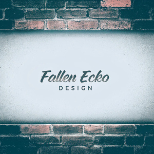 Promotional banner for Fallen Ecko Design. Minimalist white background. Brick wall iconography