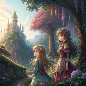 Highly detailed digital painting featuring two anime girls with flowing hair. Richly decorated fantasy landscape background